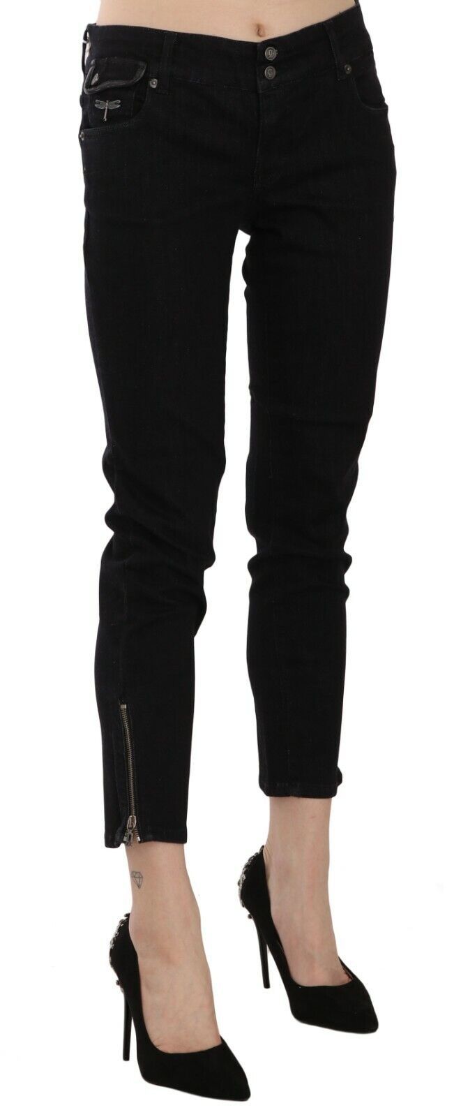 Zwarte denim casual broek met middelhoge taille en cropped zoom