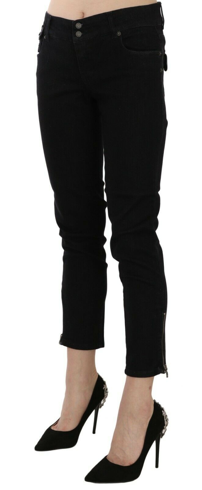 Zwarte denim casual broek met middelhoge taille en cropped zoom