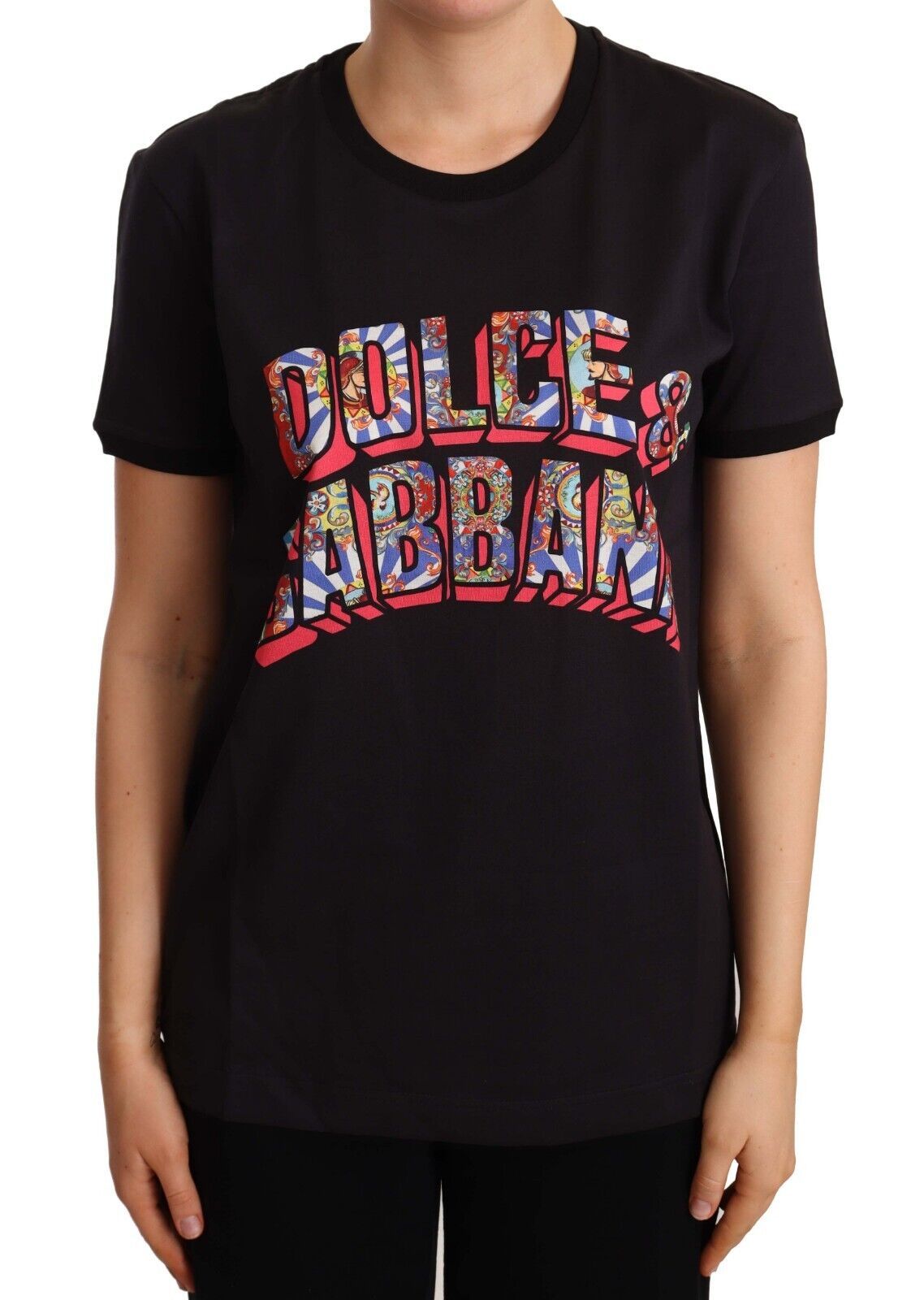 Zwart katoenen T-shirt met grote print en ronde hals