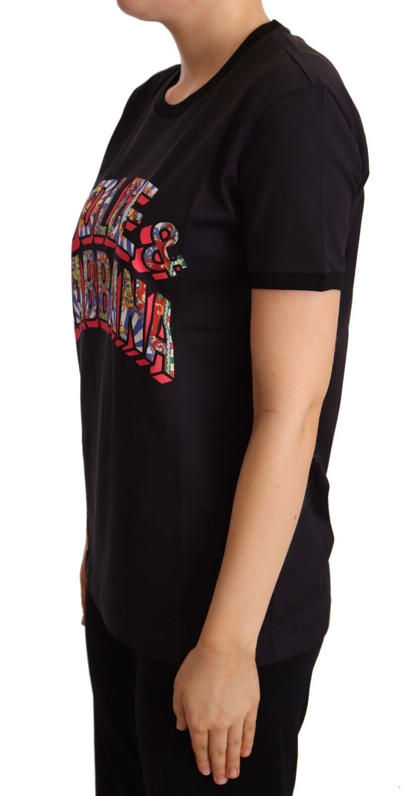 Zwart katoenen T-shirt met grote print en ronde hals