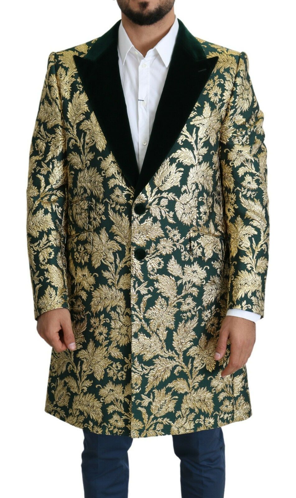 DOLCE &amp; GABBANA Jas SICILIA Groen Goud Jacquard Lange Jas