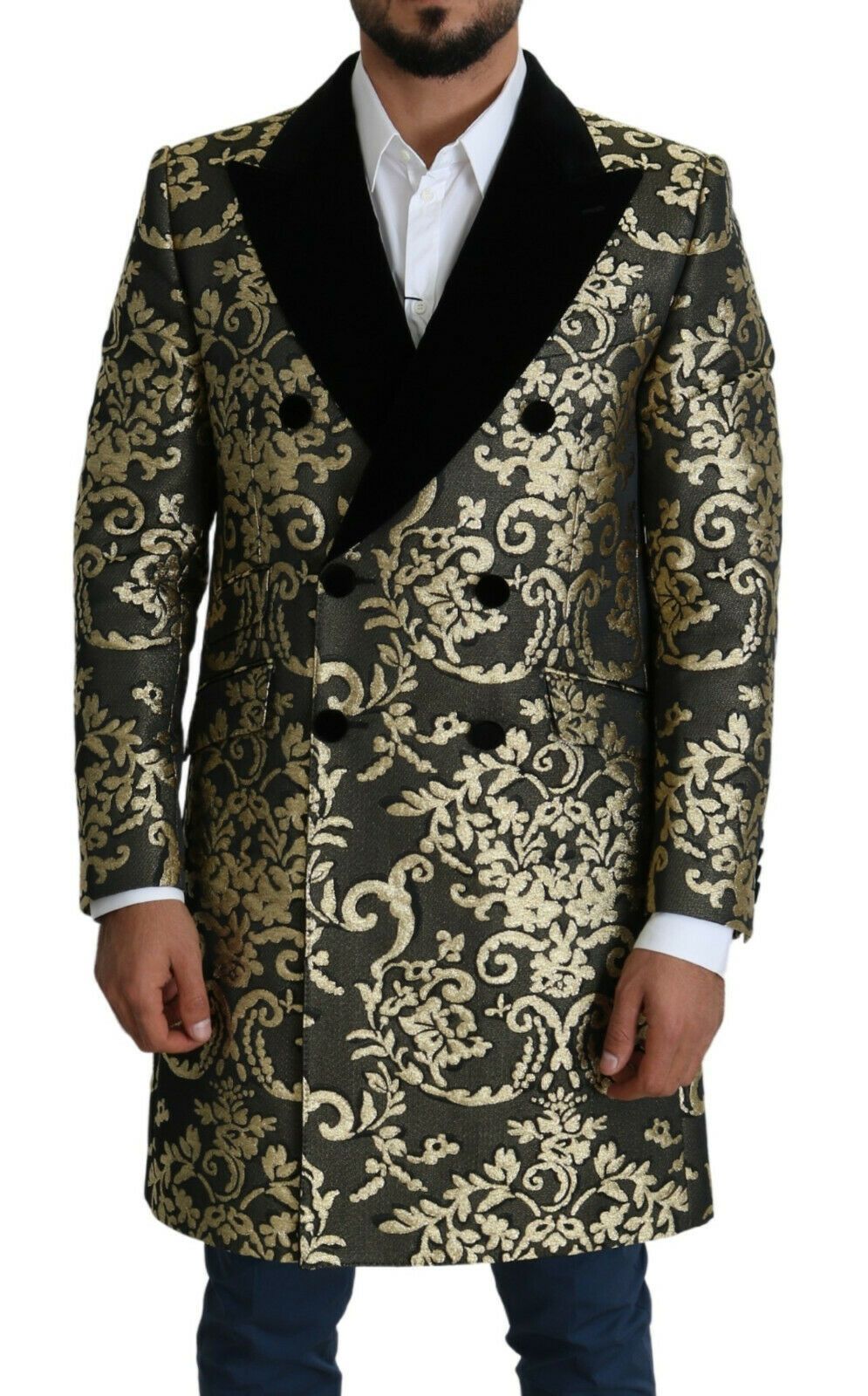 Zwarte gouden jacquard lange jas SICILIA jas