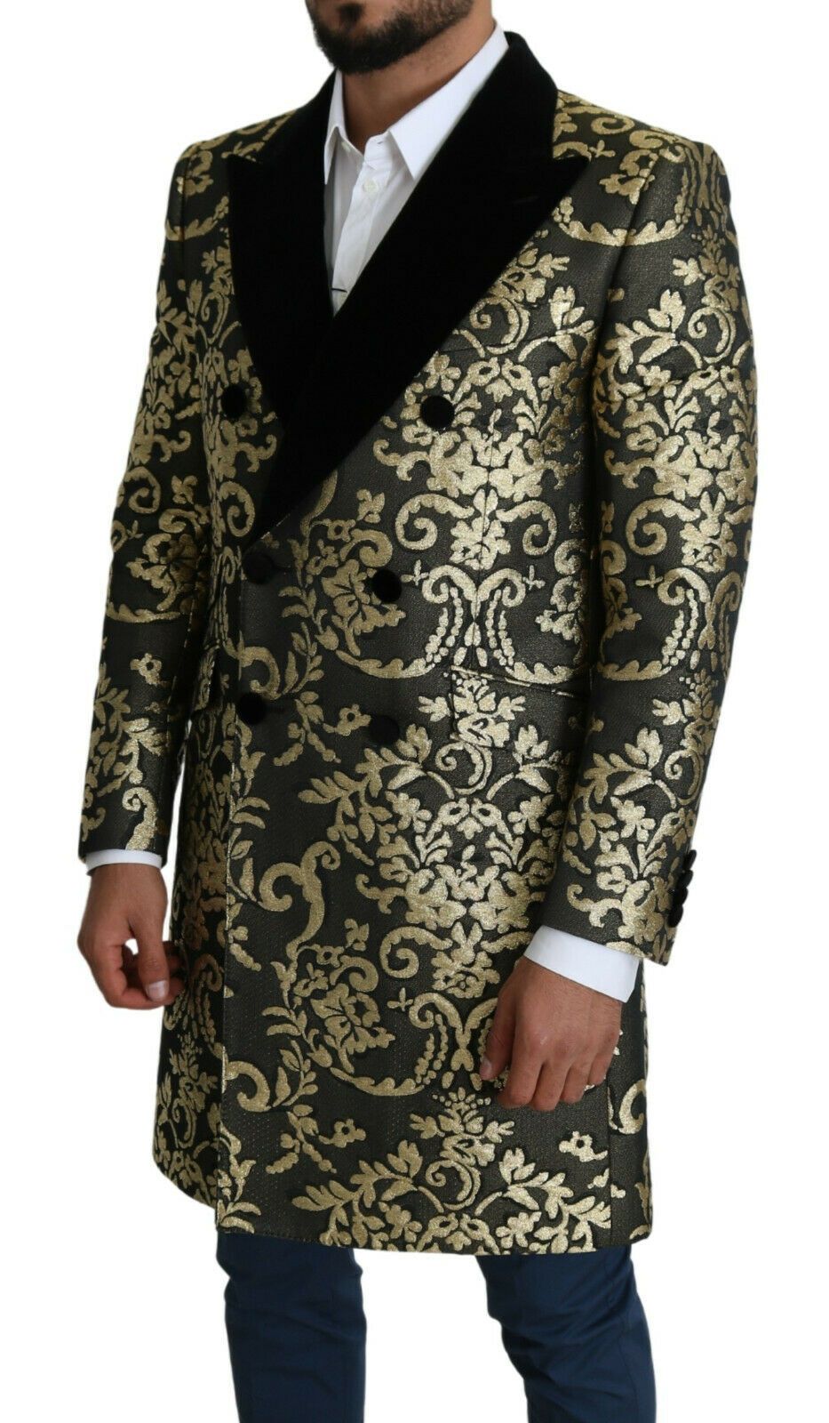 Zwarte gouden jacquard lange jas SICILIA jas