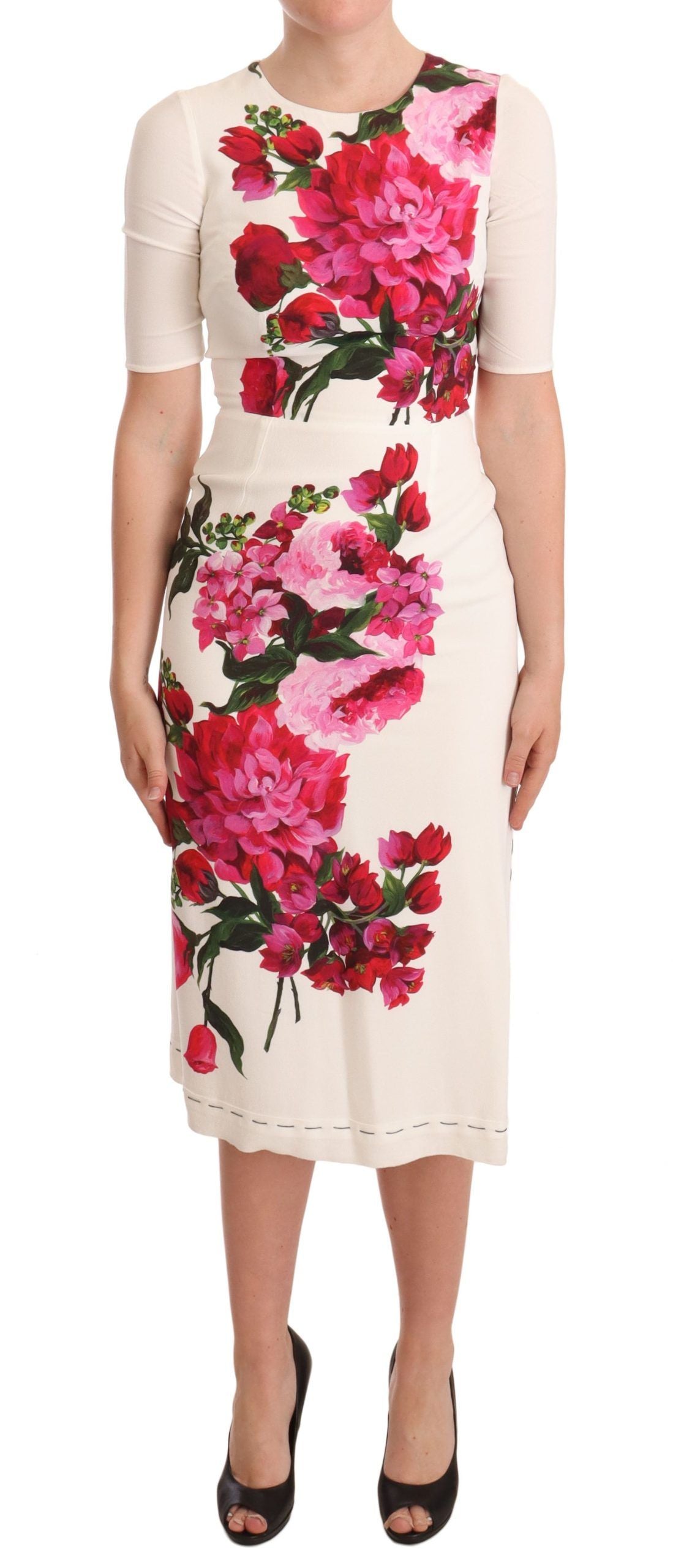 Witte crêpe midi-jurk met bloemenprint