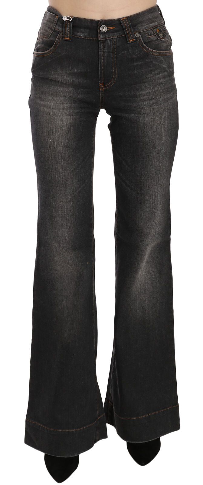 Zwarte gewassen mid waist flared denim casual jeans