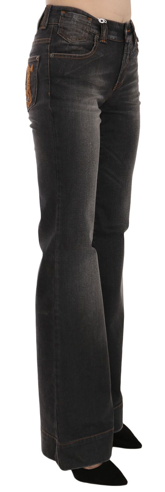 Zwarte gewassen mid waist flared denim casual jeans