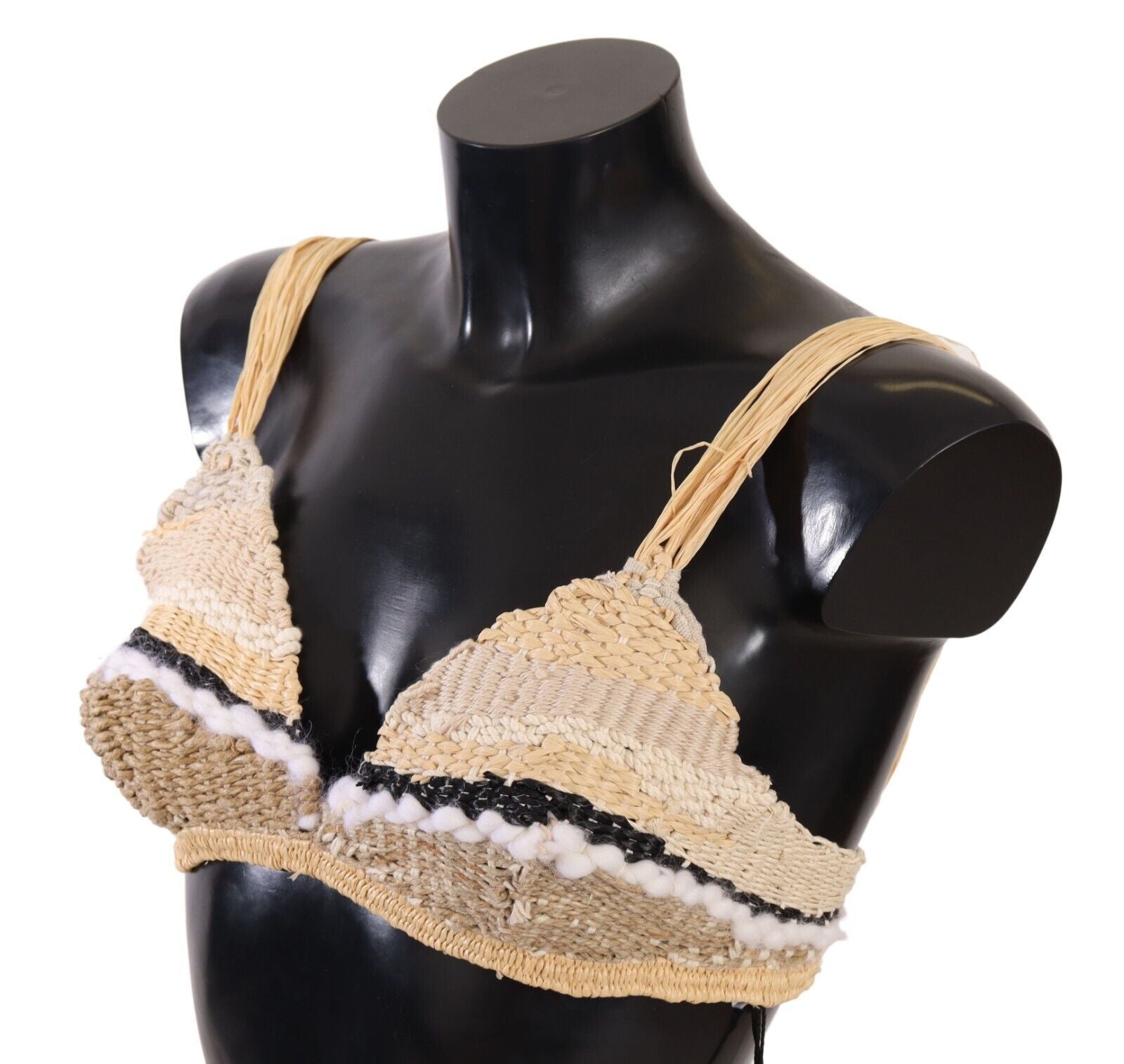 Beige stro raffia geweven gehaakte top
