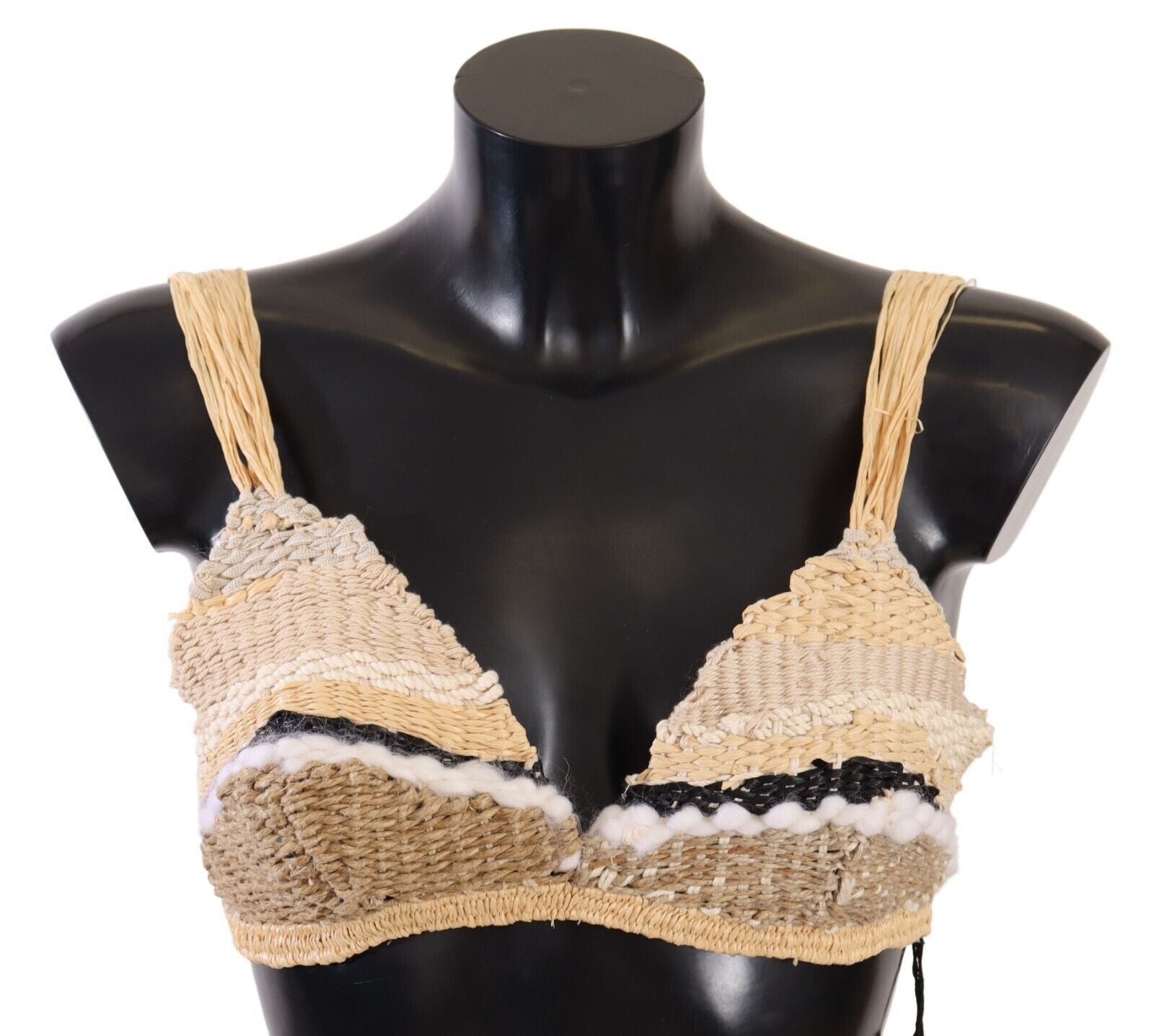 Beige stro raffia geweven gehaakte top