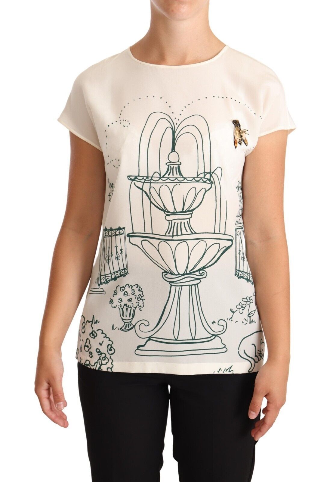Witte zijden tuinfontein T-shirt blouse
