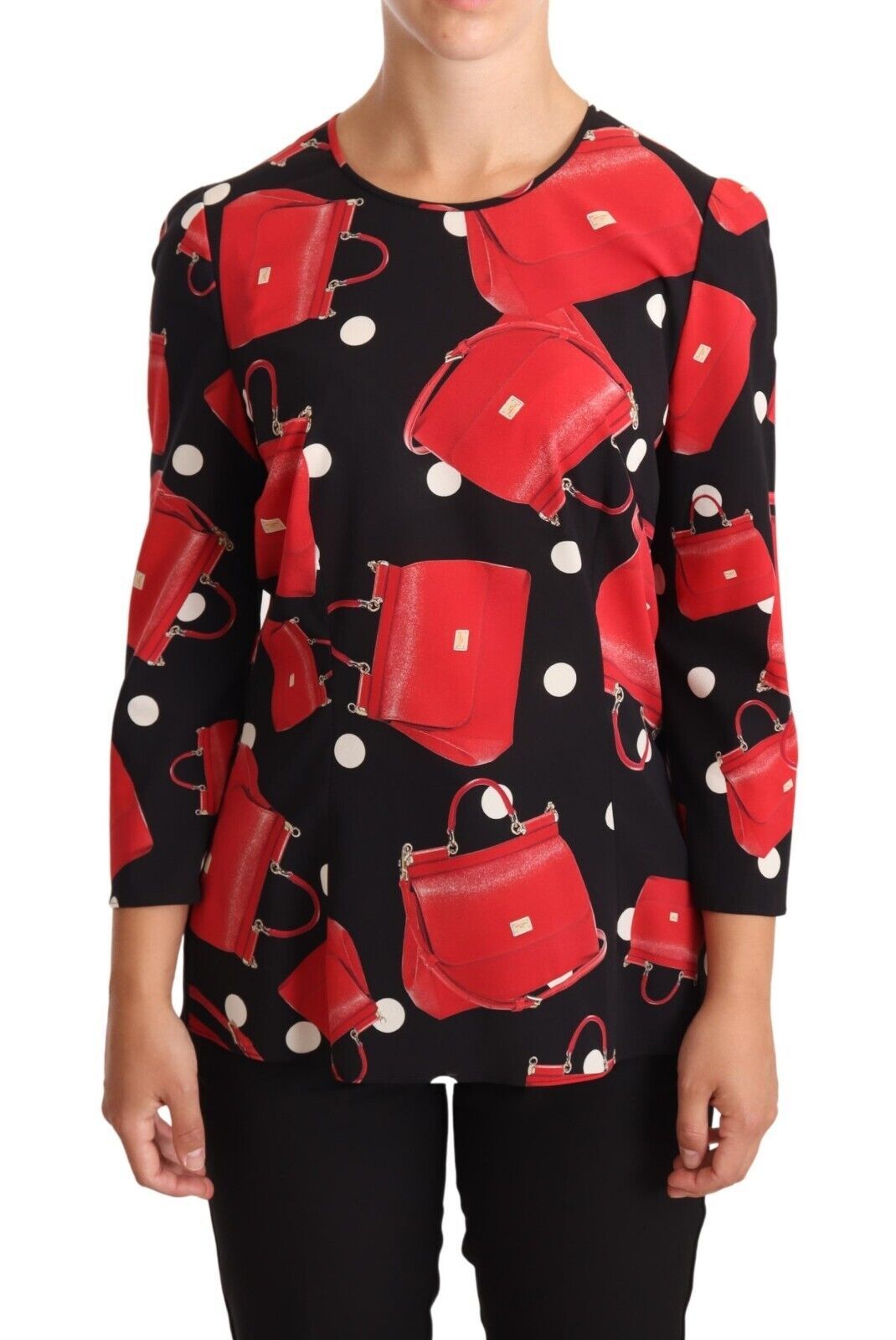 Zwarte blouse met zijden stretch en Siciliaanse print