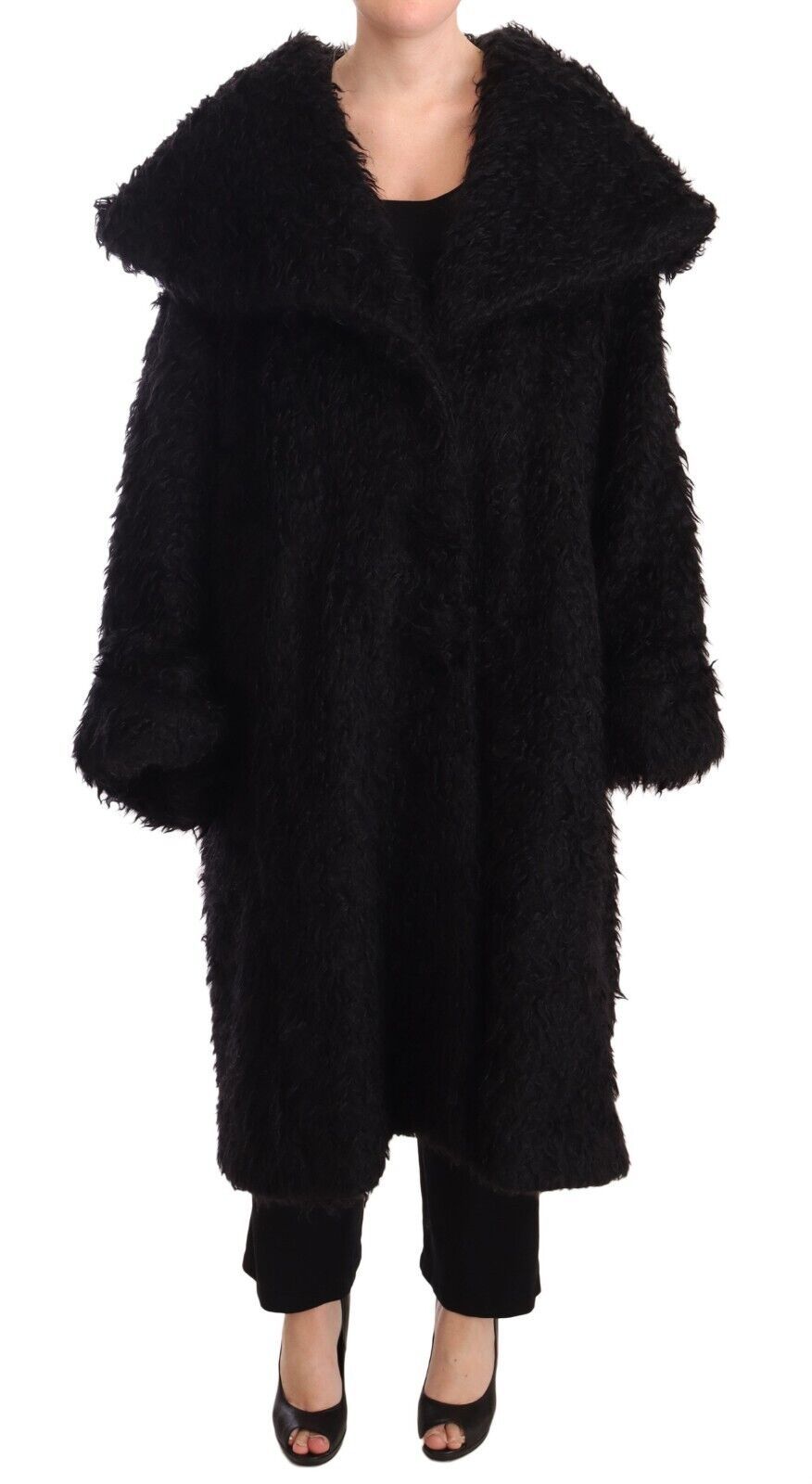 Zwarte Mohair Bont Cape Trenchcoat Jas