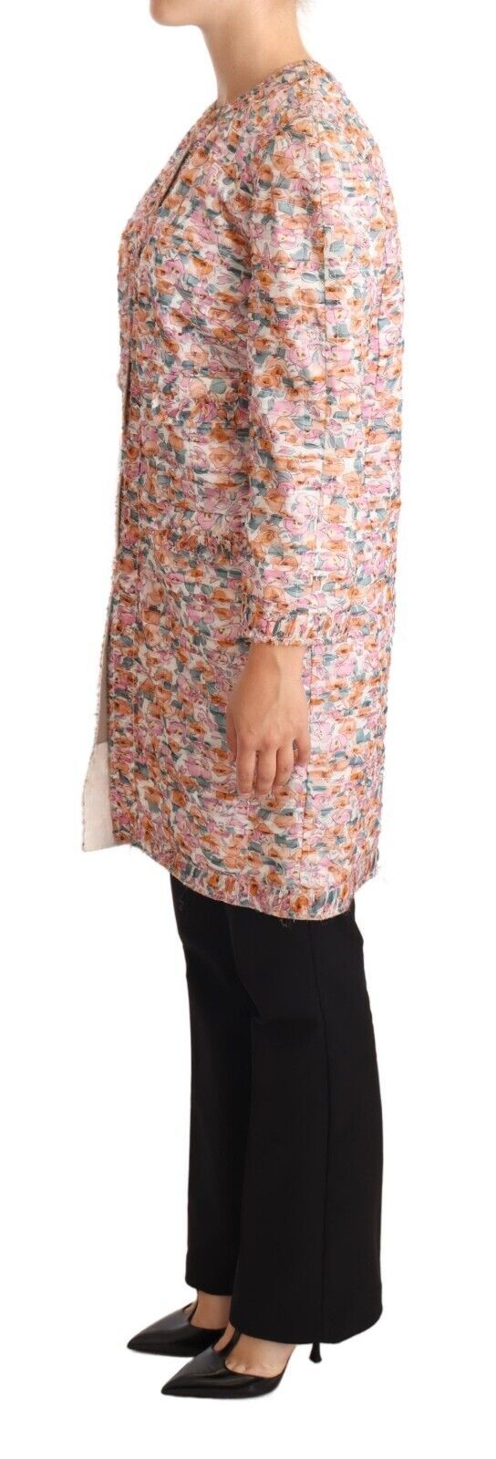 Multicolor zijden trenchcoat met bloemenprint