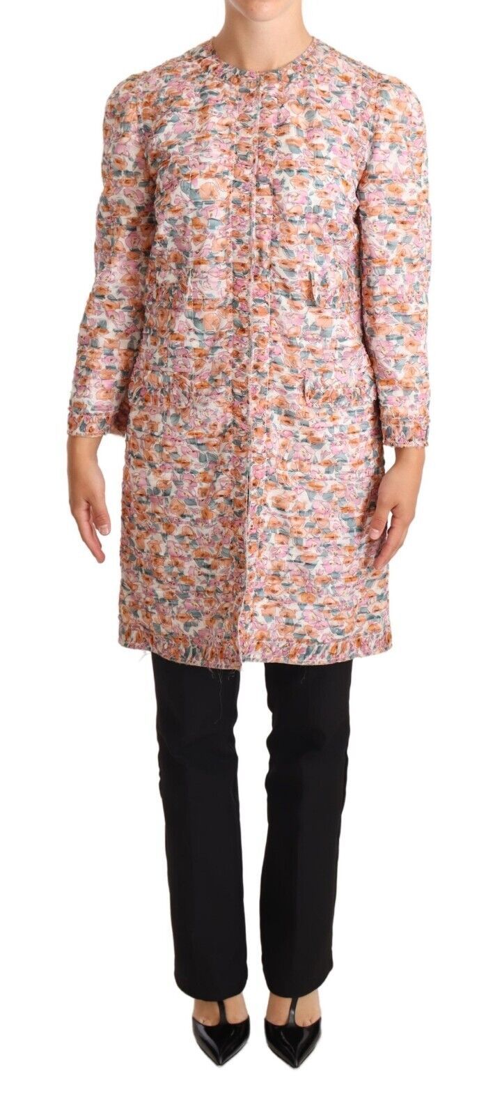 Multicolor zijden trenchcoat met bloemenprint