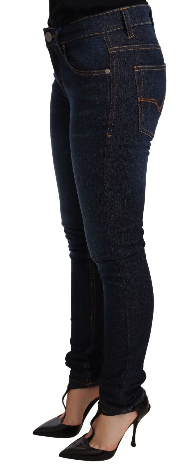 Donkerblauwe katoenen skinny denim jeans met lage taille