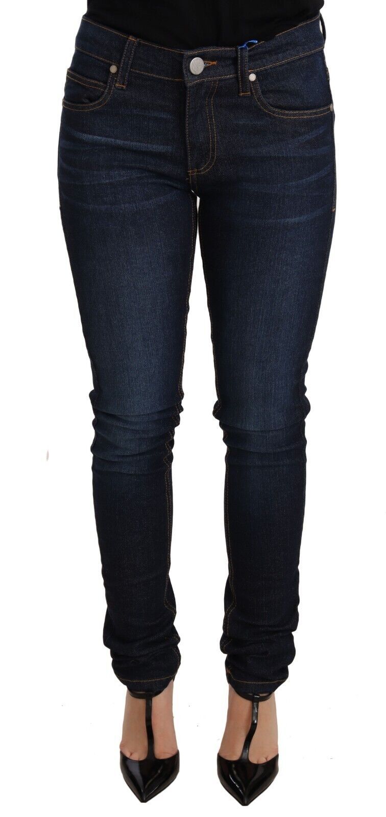 Donkerblauwe katoenen skinny denim jeans met lage taille