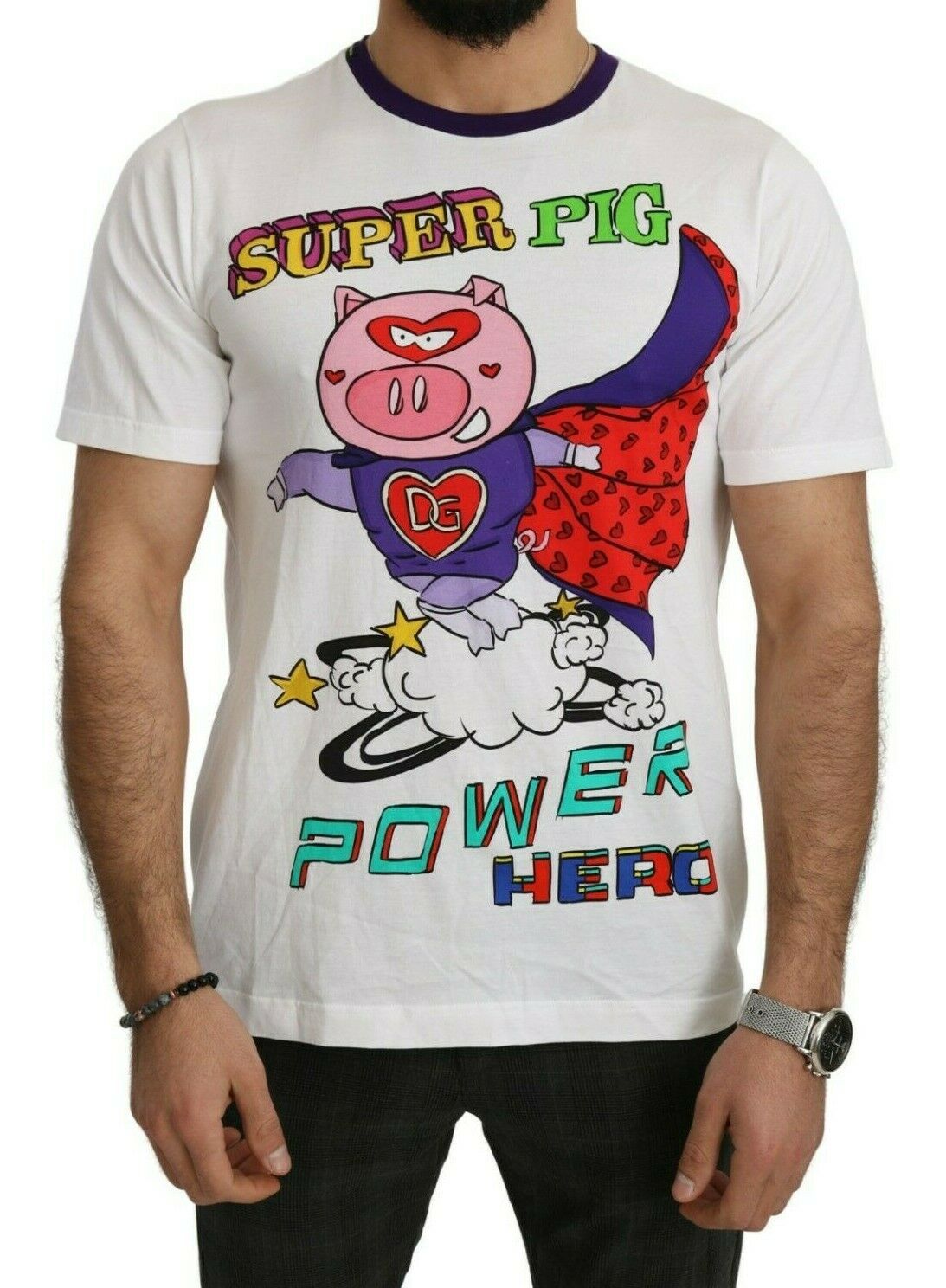 Wit katoenen T-shirt met Super Power Pig-top