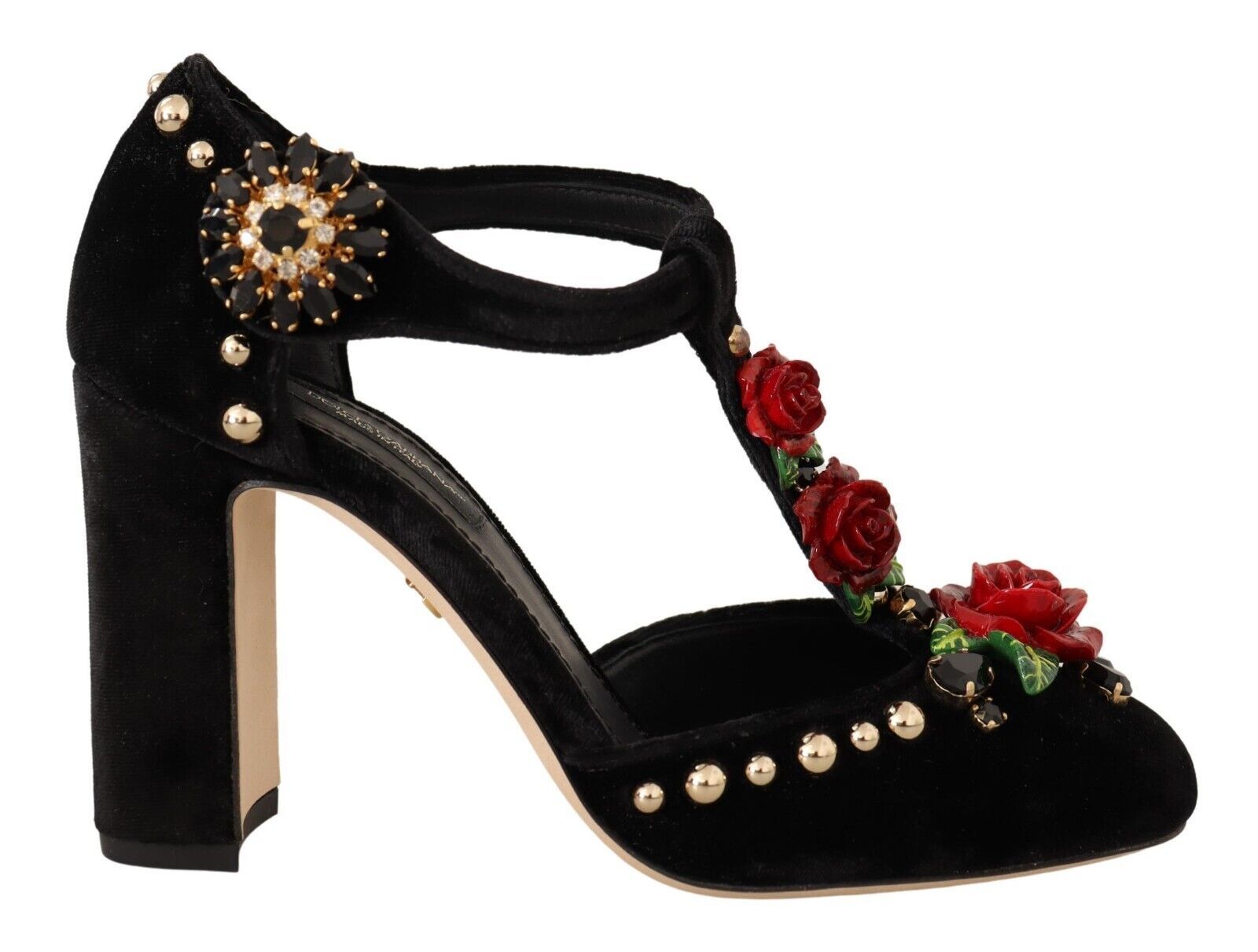 Zwarte Mary Jane pumps met rozen en kristallen