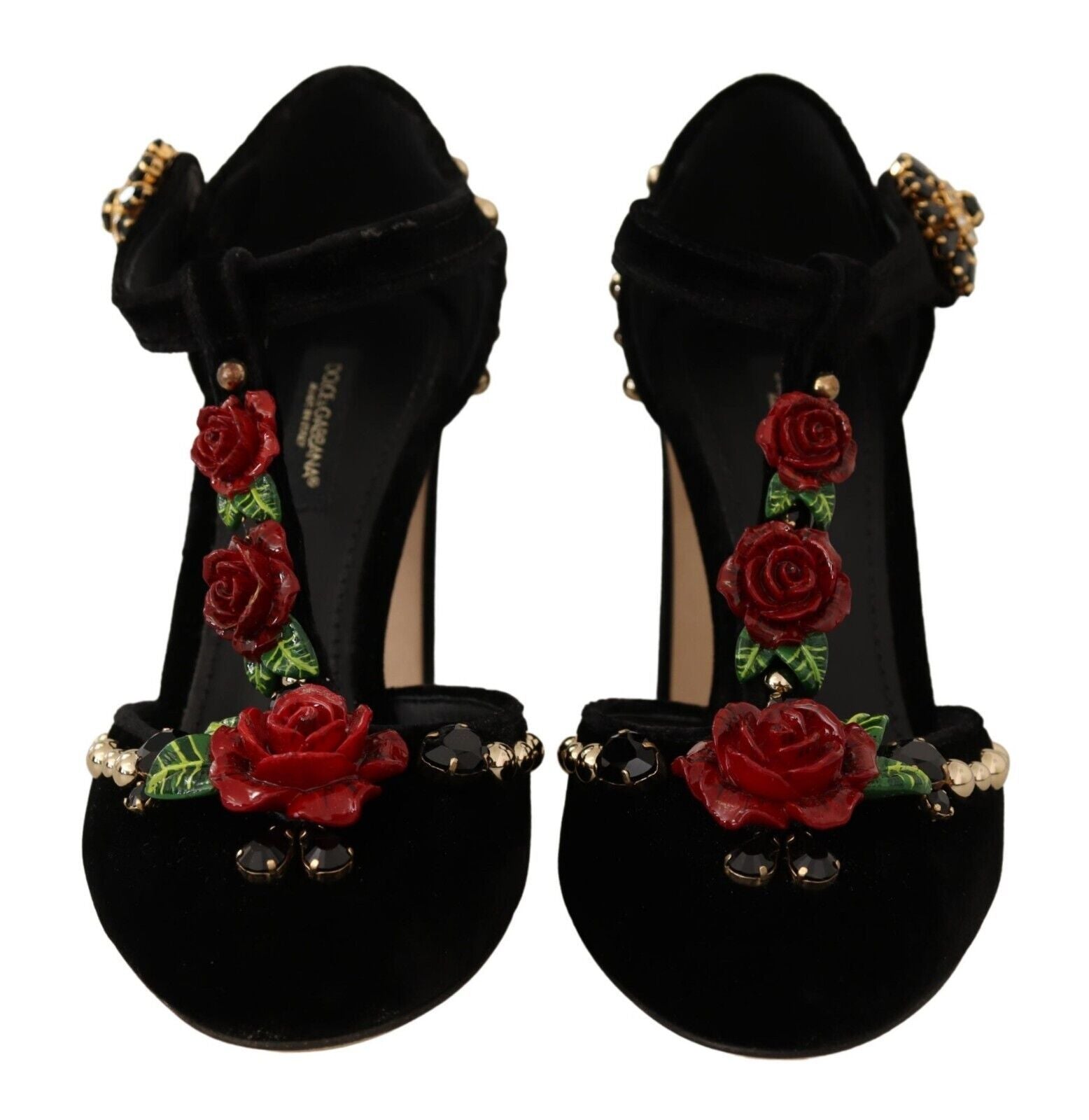 Zwarte Mary Jane pumps met rozen en kristallen