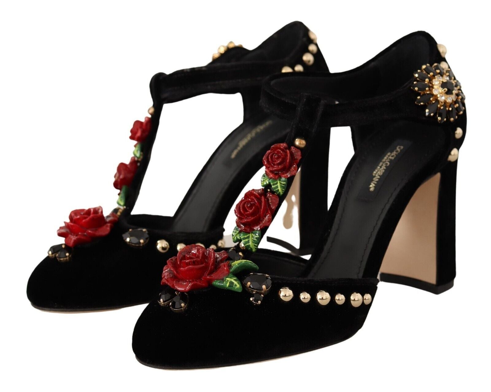 Zwarte Mary Jane pumps met rozen en kristallen