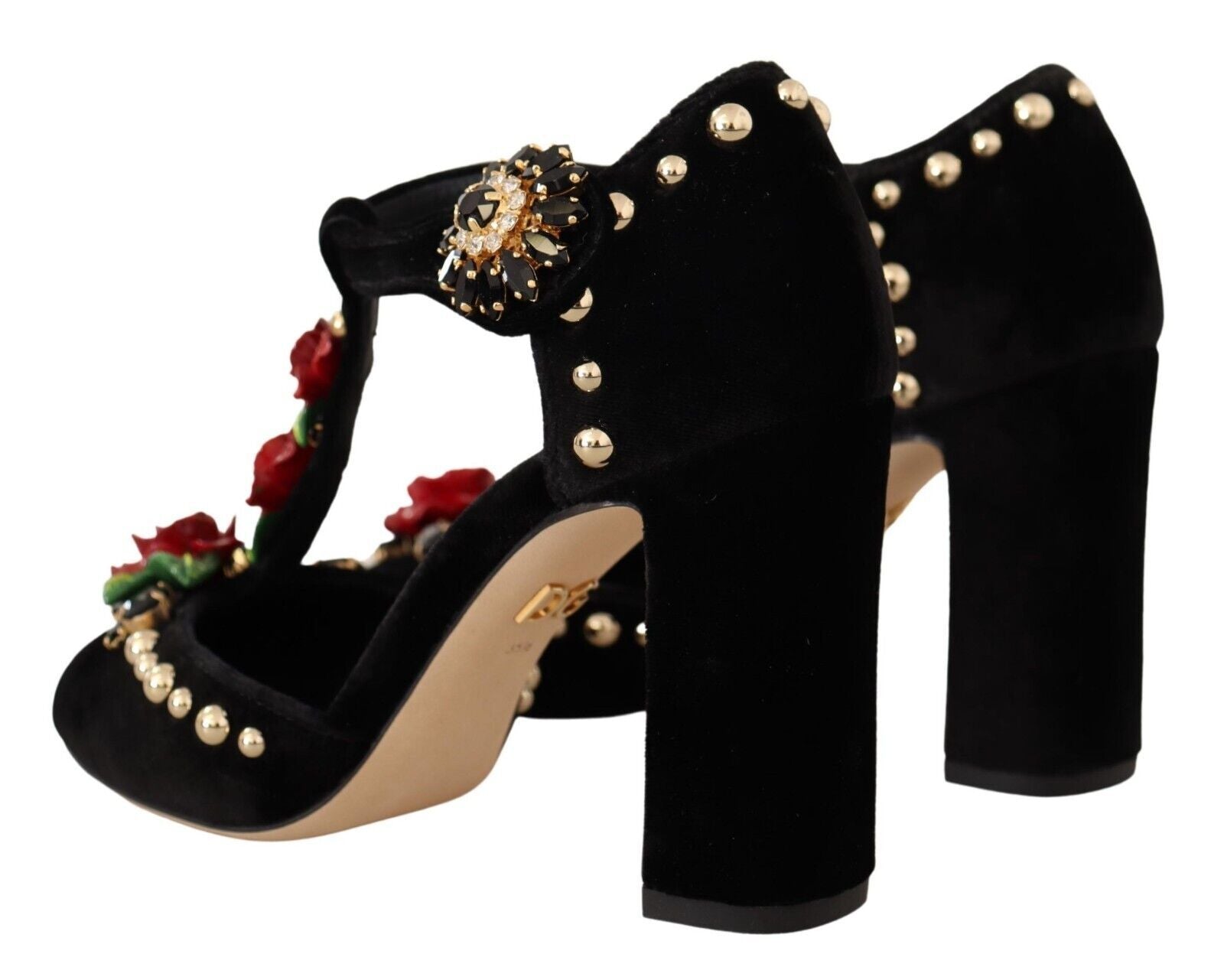 Zwarte Mary Jane pumps met rozen en kristallen