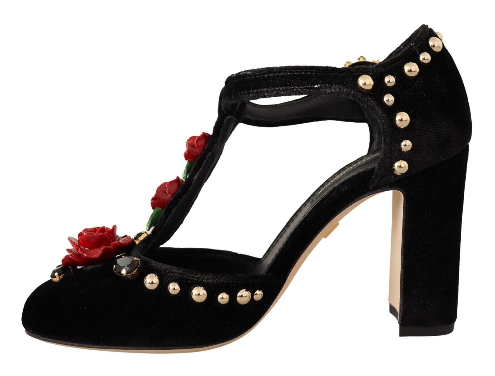 Zwarte Mary Jane pumps met rozen en kristallen
