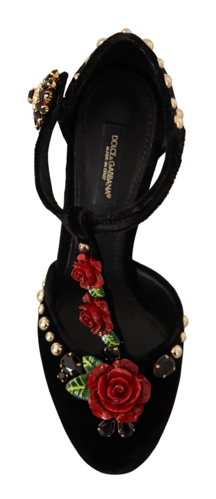 Zwarte Mary Jane pumps met rozen en kristallen