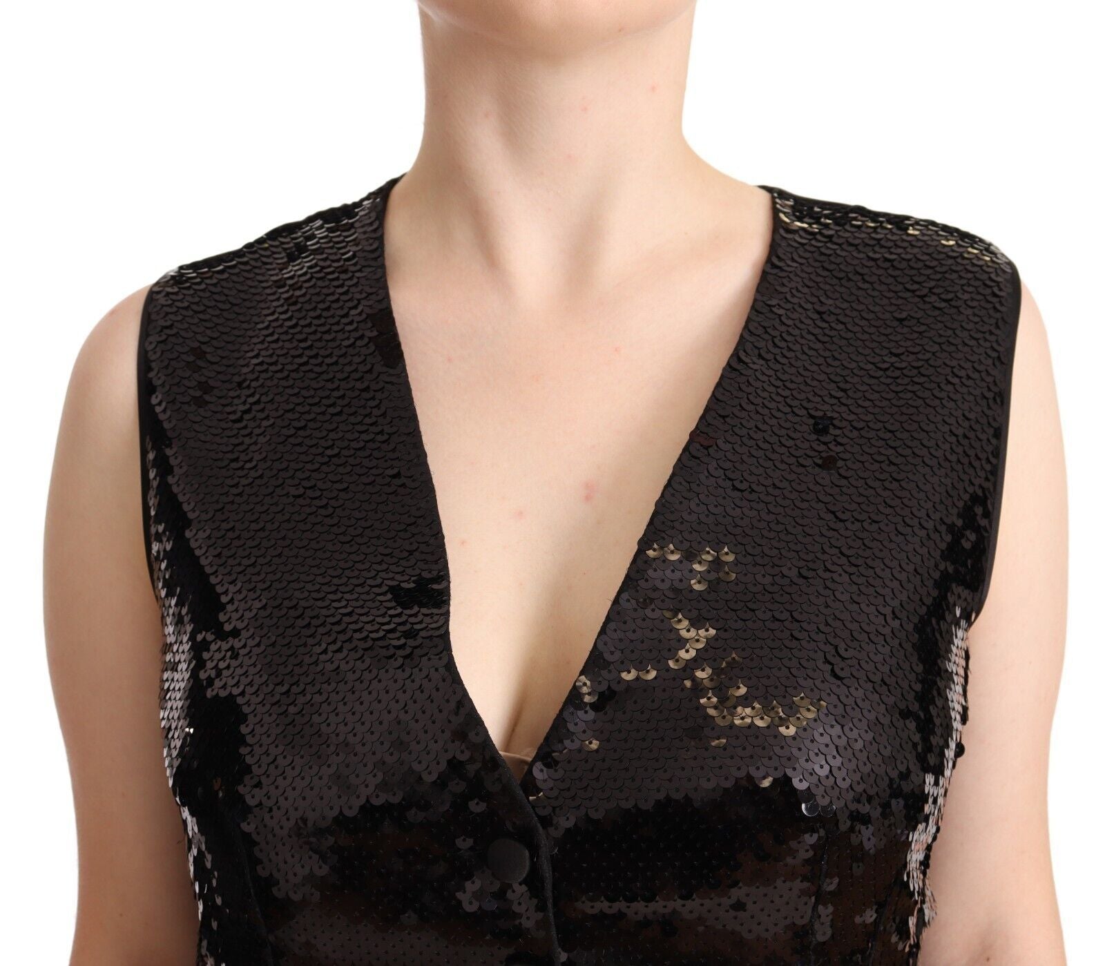 Zwarte tanktop met V-hals en pailletten, zonder mouwen