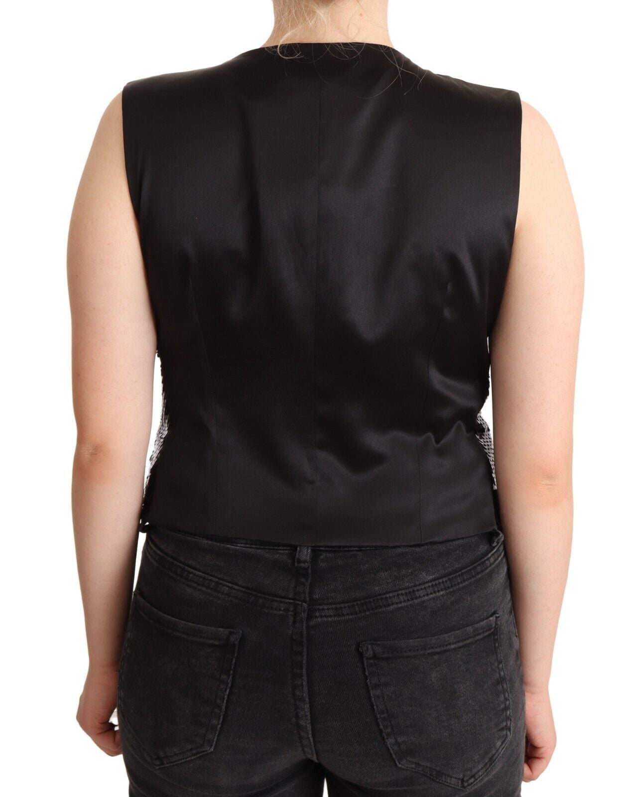 Zwarte tanktop met V-hals en pailletten, zonder mouwen