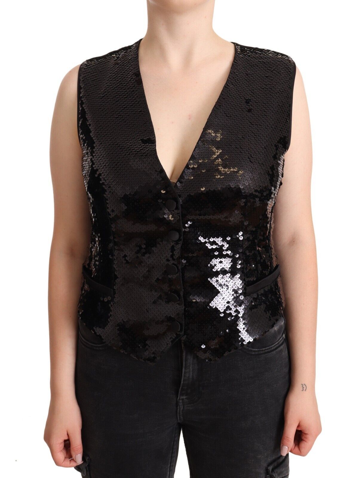 Zwarte tanktop met V-hals en pailletten, zonder mouwen