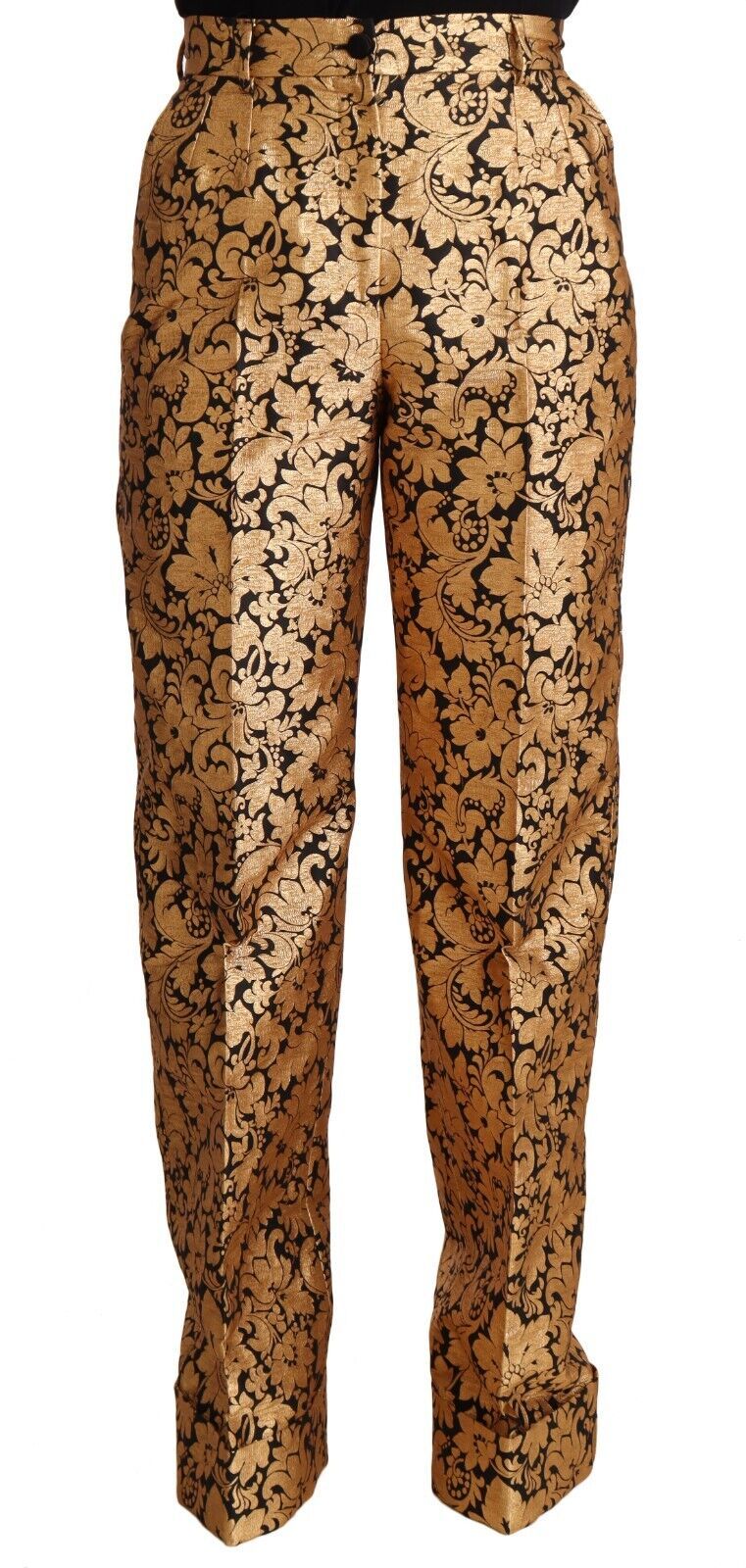 Gouden bloemen jacquard rechte polyester broek
