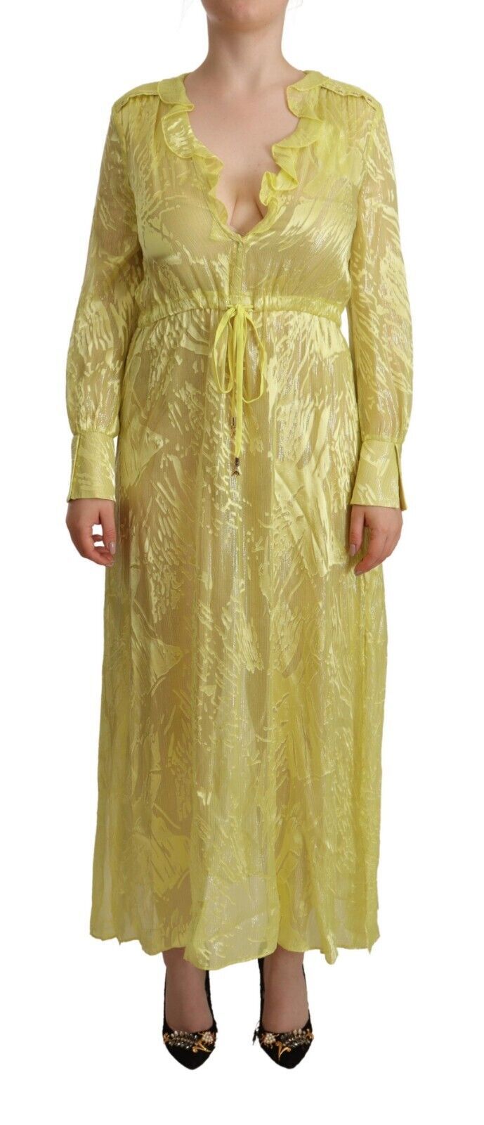 Gele zijden maxi-jurk met lange mouwen en diepe hals