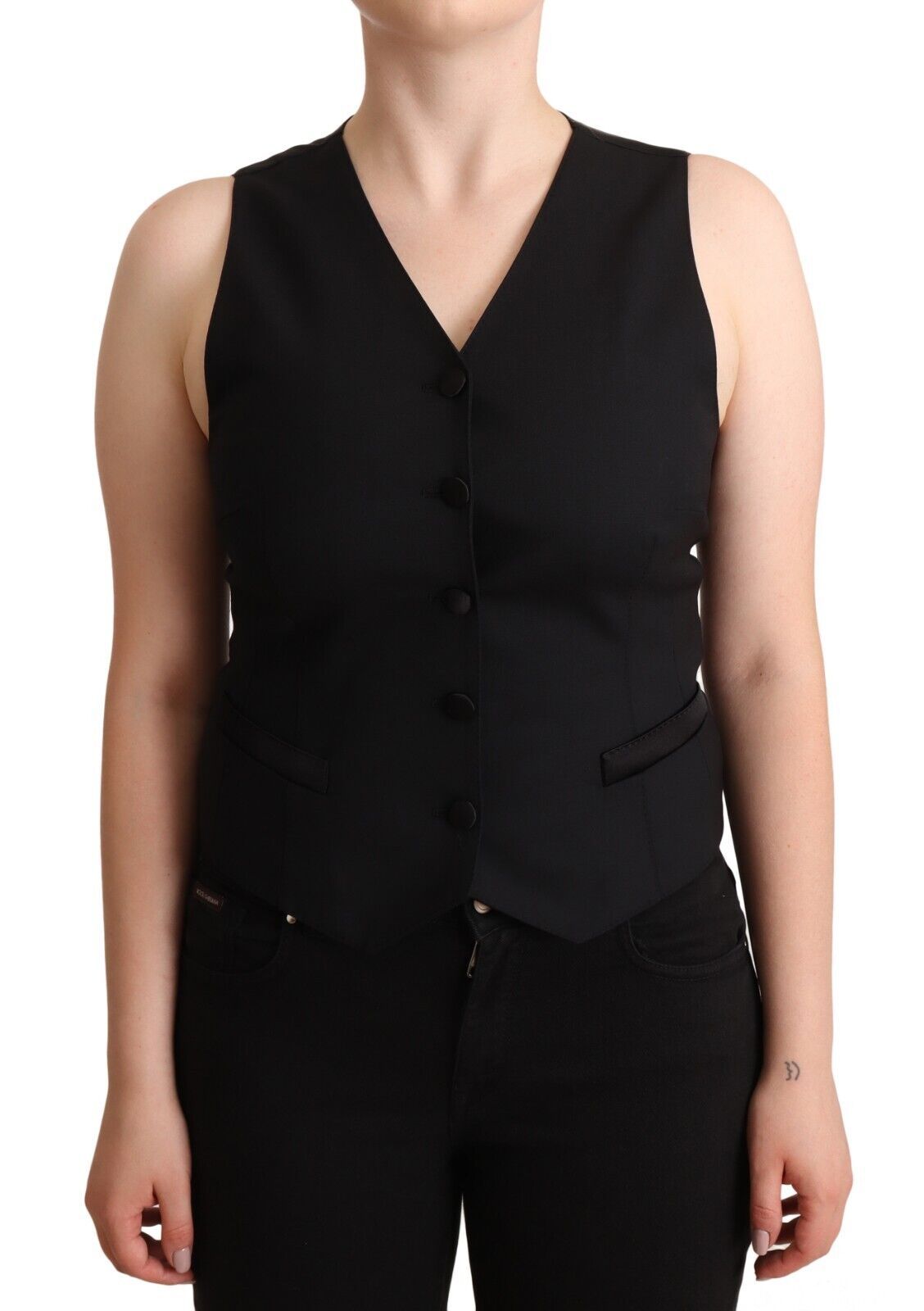 Zwarte mouwloze viscose top met knoopjes