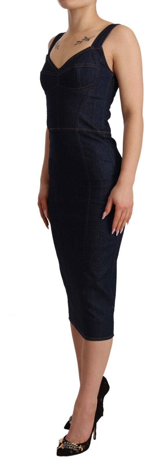 Donkerblauwe katoenen denim mantel midi-jurk
