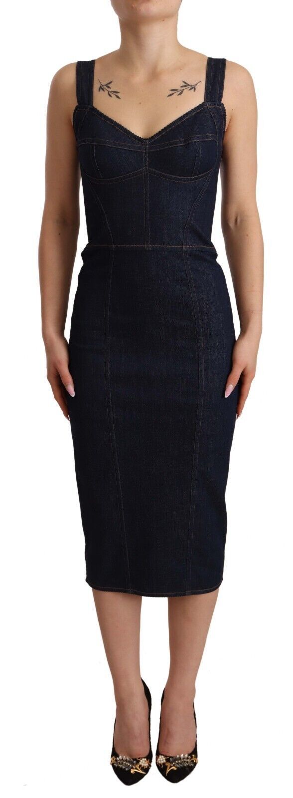 Donkerblauwe katoenen denim mantel midi-jurk