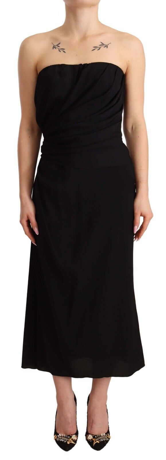 Zwarte zijden stretch strapless mantel midi-jurk