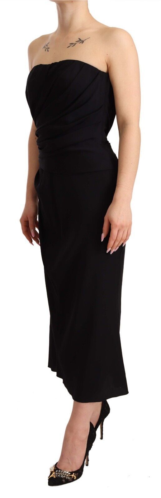 Zwarte zijden stretch strapless mantel midi-jurk