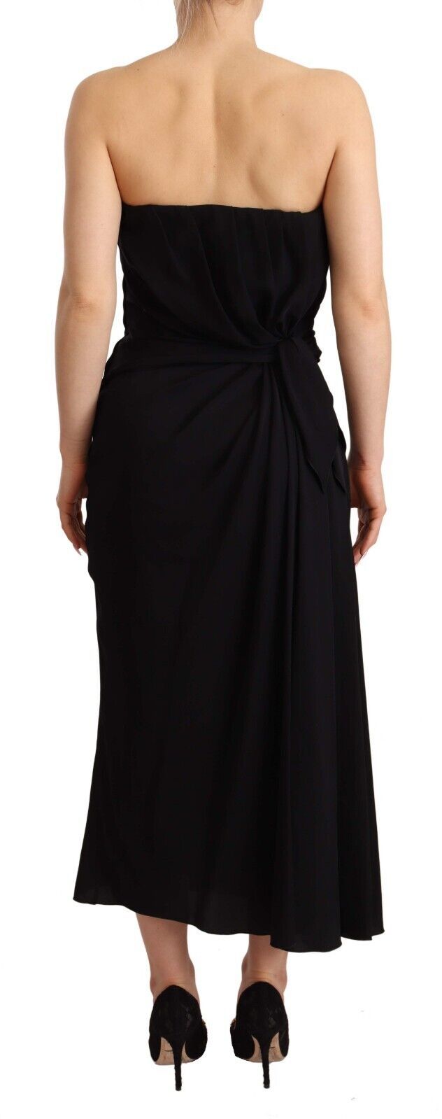 Zwarte zijden stretch strapless mantel midi-jurk
