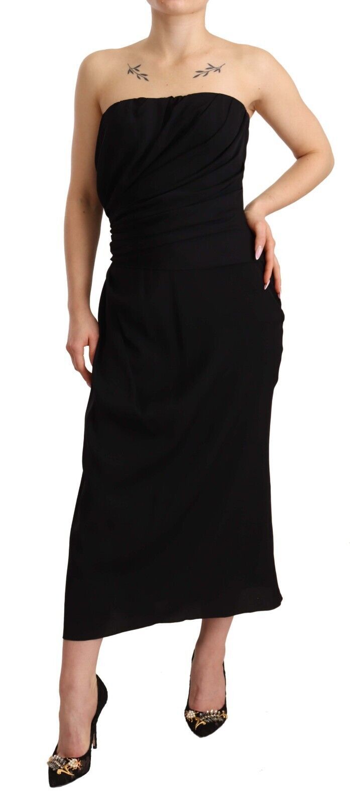 Zwarte zijden stretch strapless mantel midi-jurk