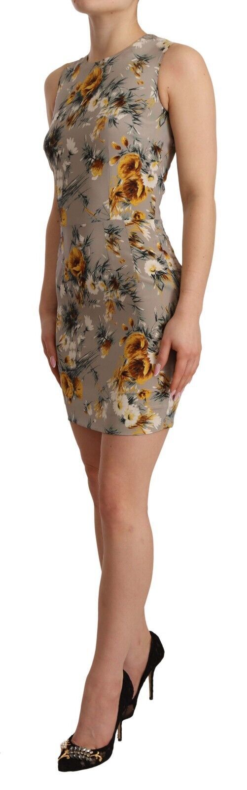 Grijze zijden stretch bloemen mantel mini-jurk