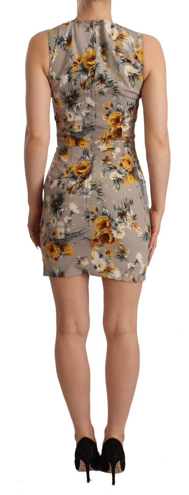 Grijze zijden stretch bloemen mantel mini-jurk