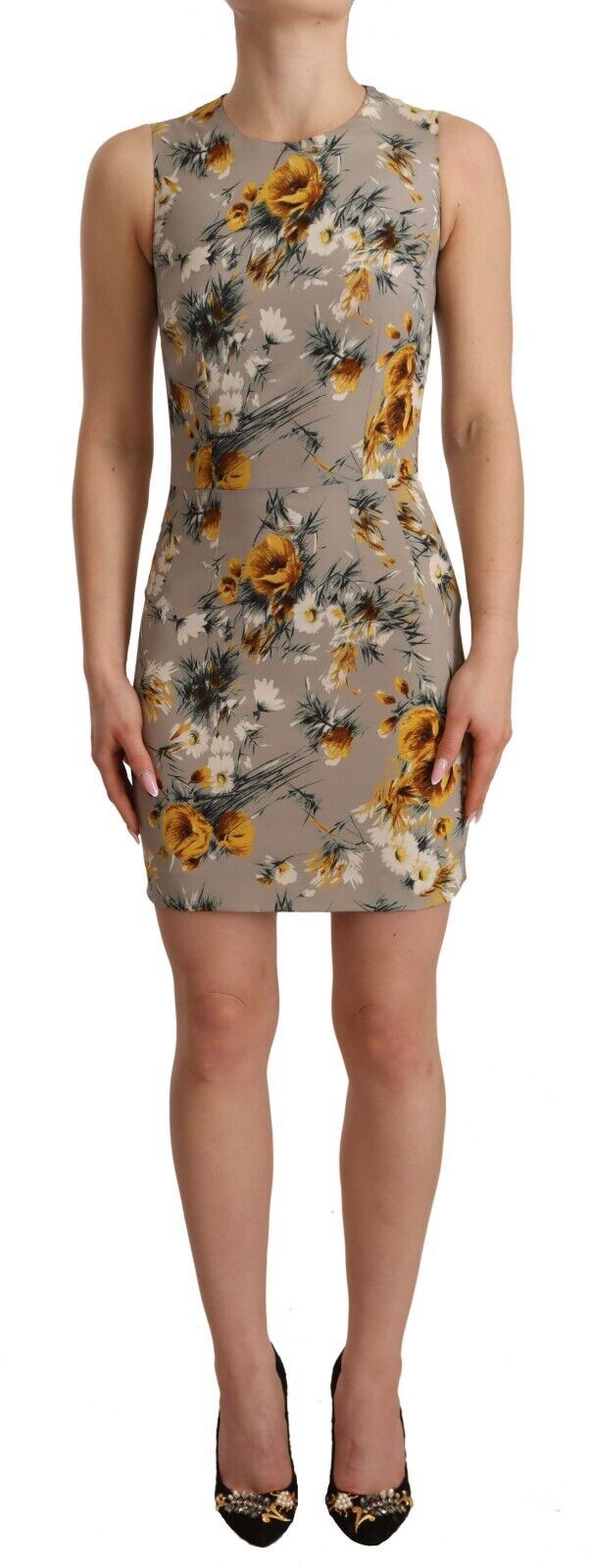Grijze zijden stretch bloemen mantel mini-jurk