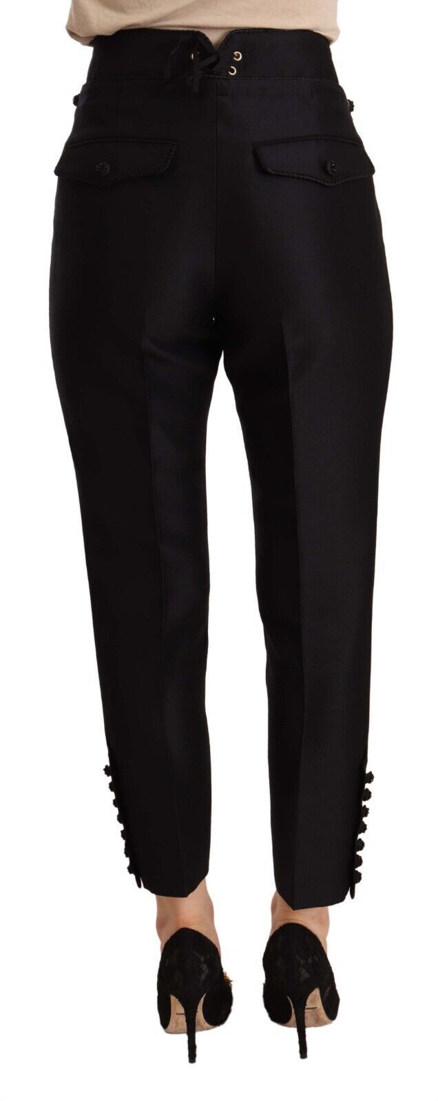 Zwarte, met knopen versierde cropped broek met hoge taille