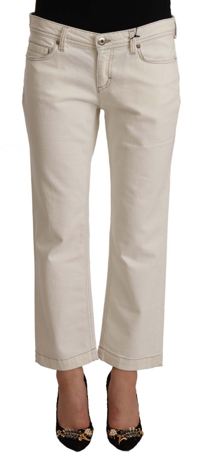 Off White Katoenen Uitlopende Cropped Denim Jeans
