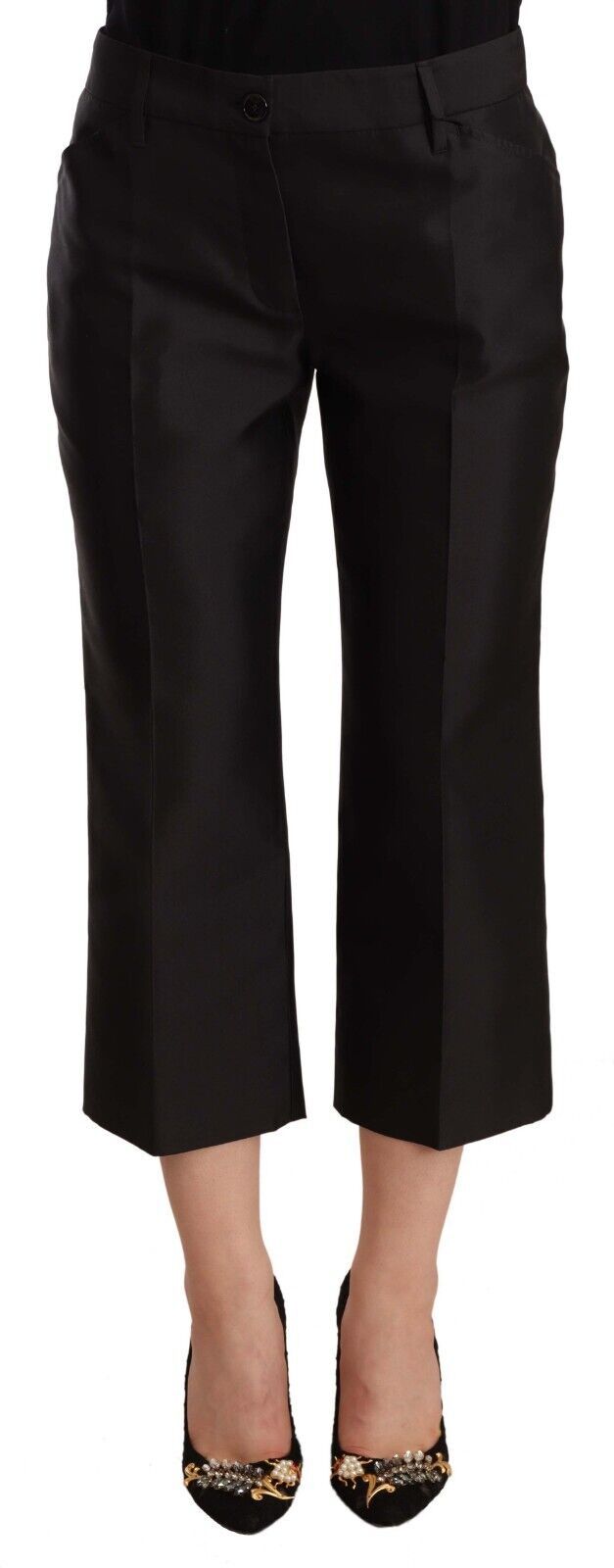 Zwarte 100% zijden flared cropped broek