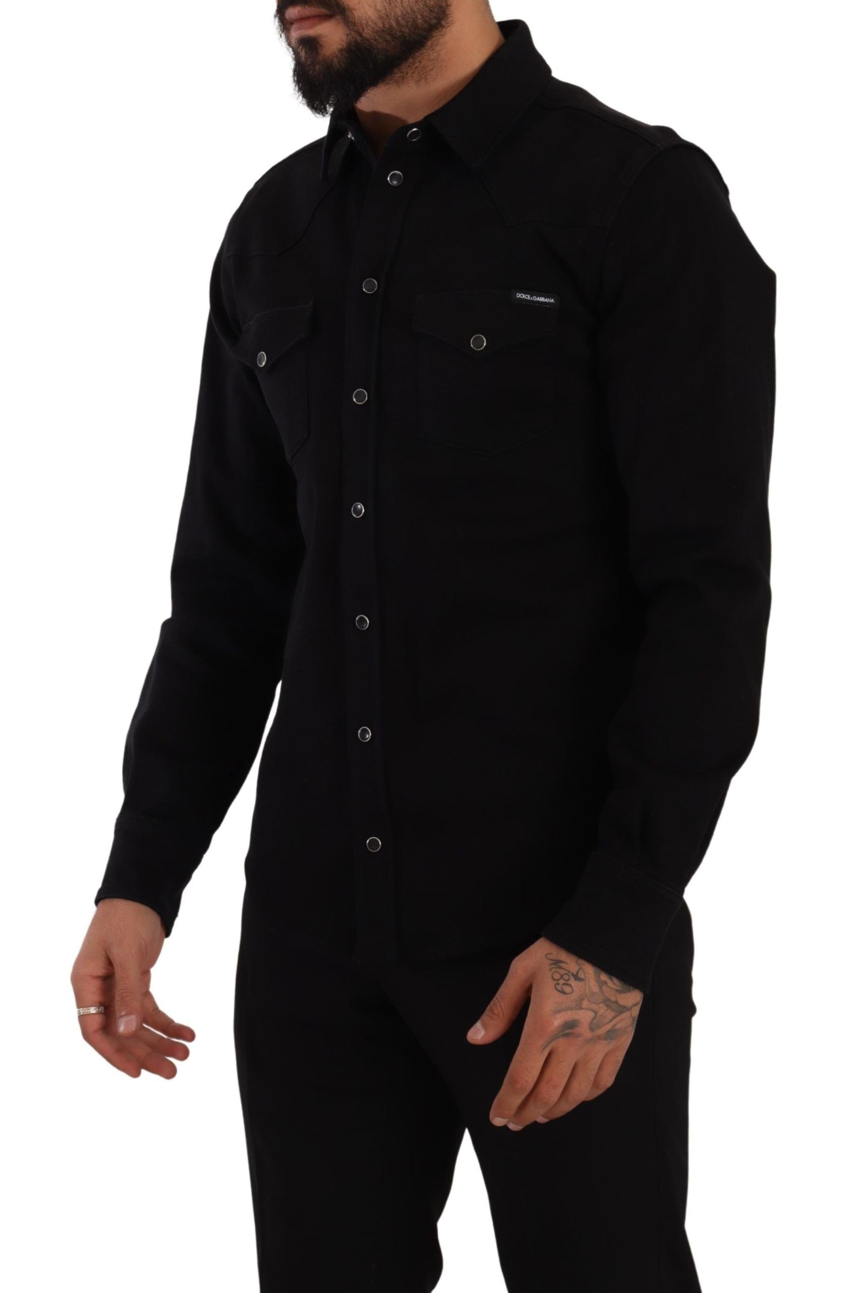 Zwart slank katoenen denim stretch overhemd