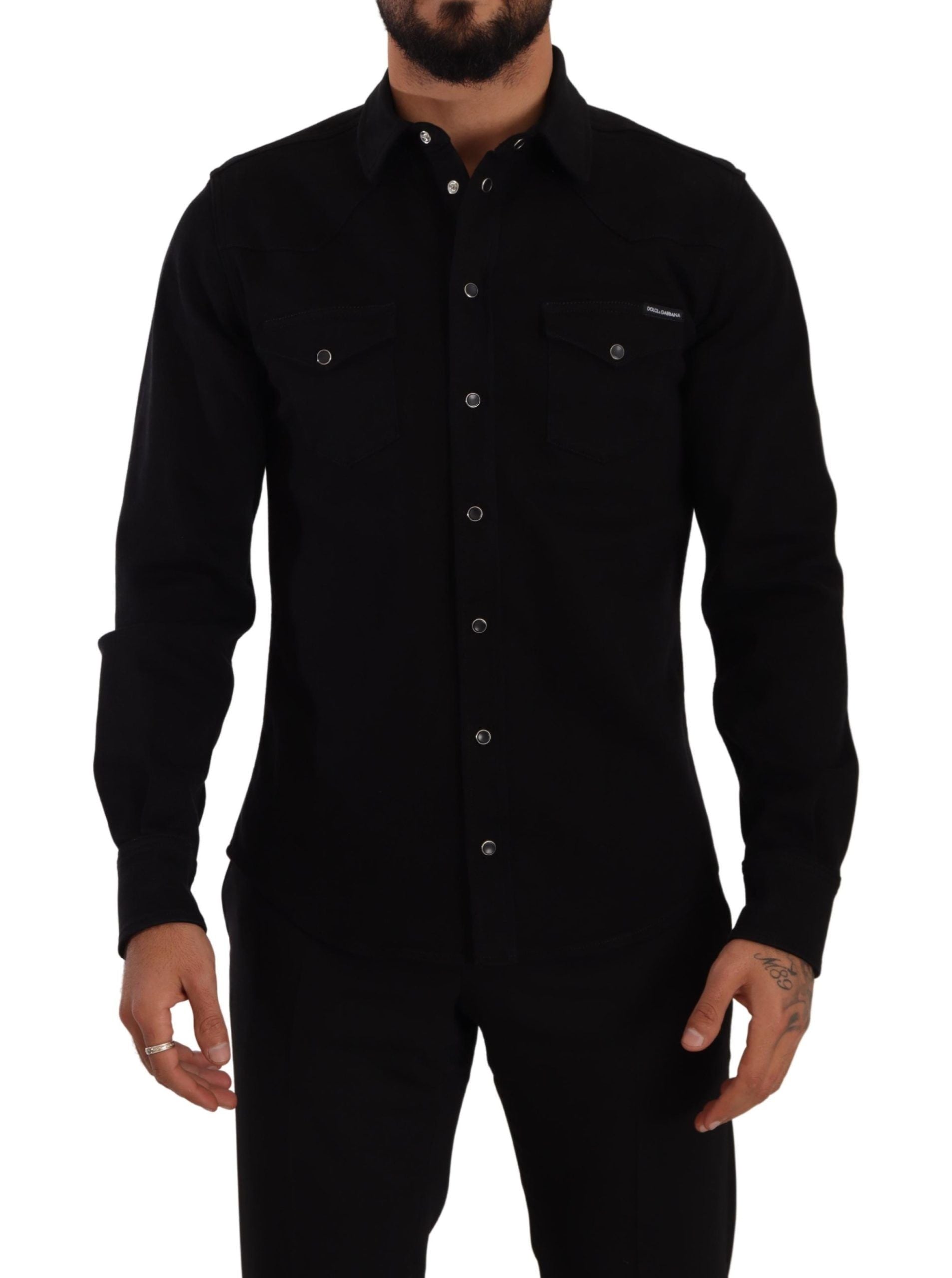 Zwart slank katoenen denim stretch overhemd