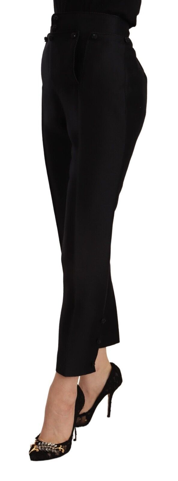 Zwarte wollen skinny damesbroek met hoge taille