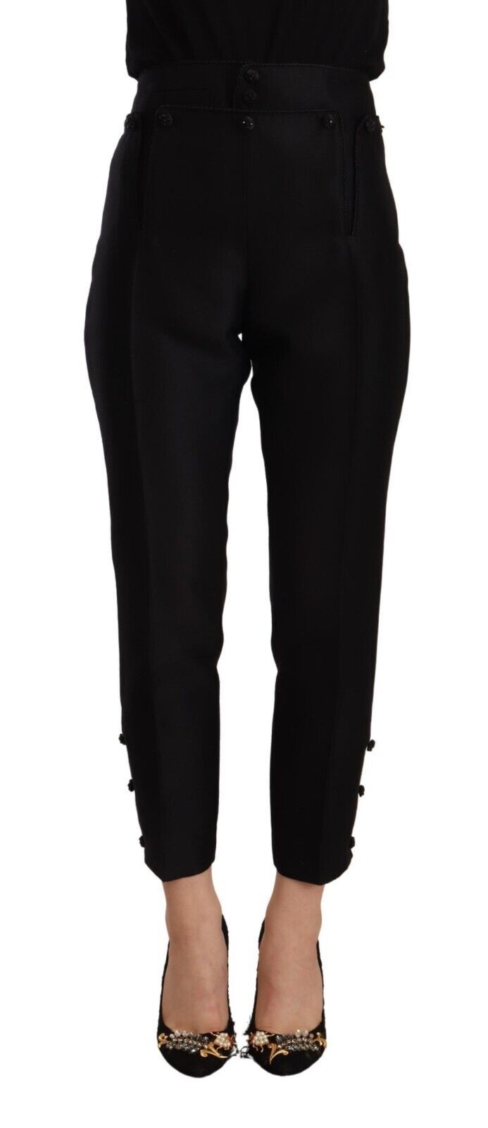 Zwarte wollen skinny damesbroek met hoge taille