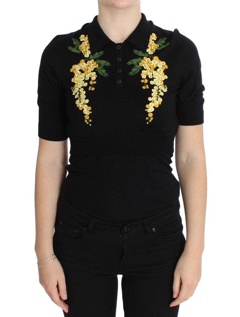 Zwarte zijden polotop met geborduurde bloemen
