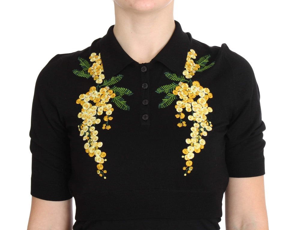 Zwarte zijden polotop met geborduurde bloemen